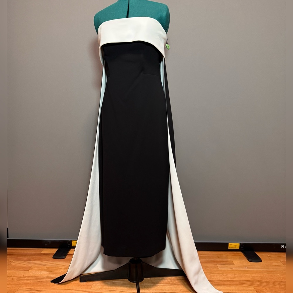 Elegant Black and White Strapless Dress with Cape